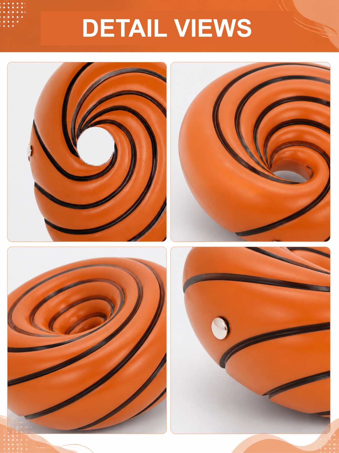 Detail views of the orange spiral mask: raised spiral ridges, round eye opening and side strap fittings
