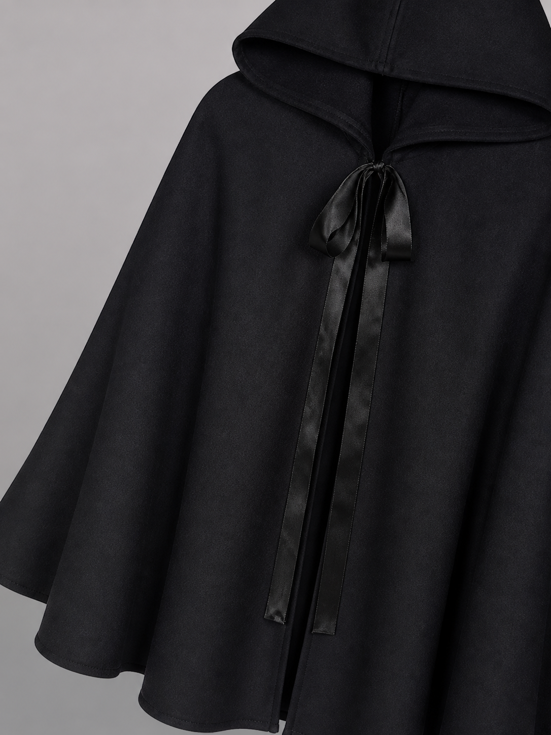 Black Costume Cloak with Hood and Ties