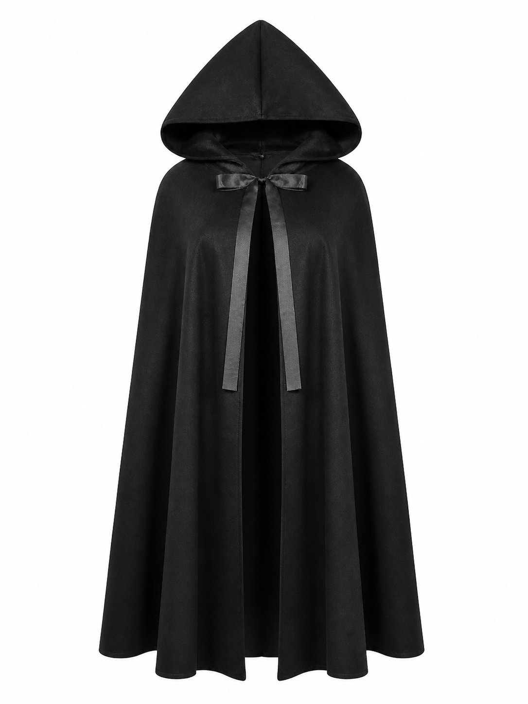 Black hooded cloak displayed against a white background, with the hood raised and ribbon ties hanging at the front