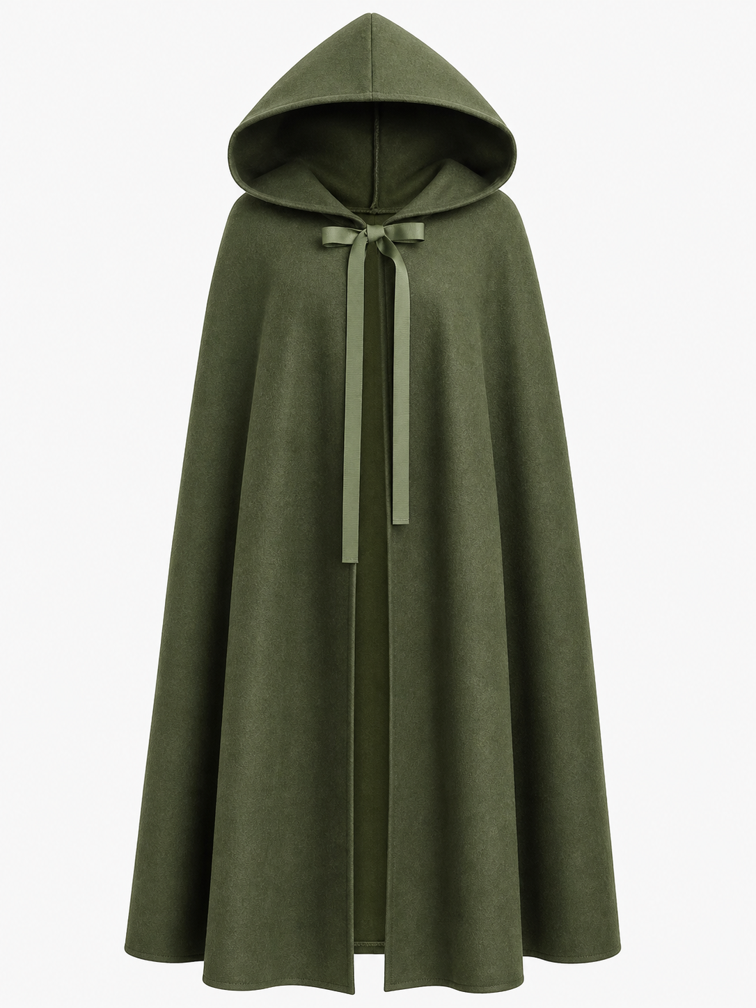 Olive green hooded cape shown front-facing on a stand, with a pointed hood, open front, and long tie ribbons