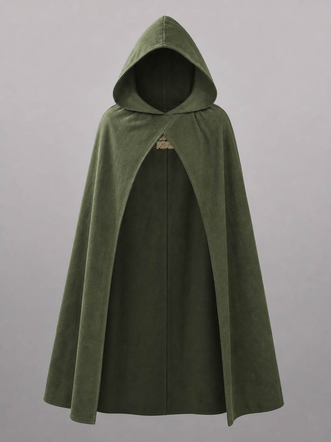 Dark olive hooded cape displayed on a stand, showing the raised hood, open front panels, pointed clasp, and full-length drape