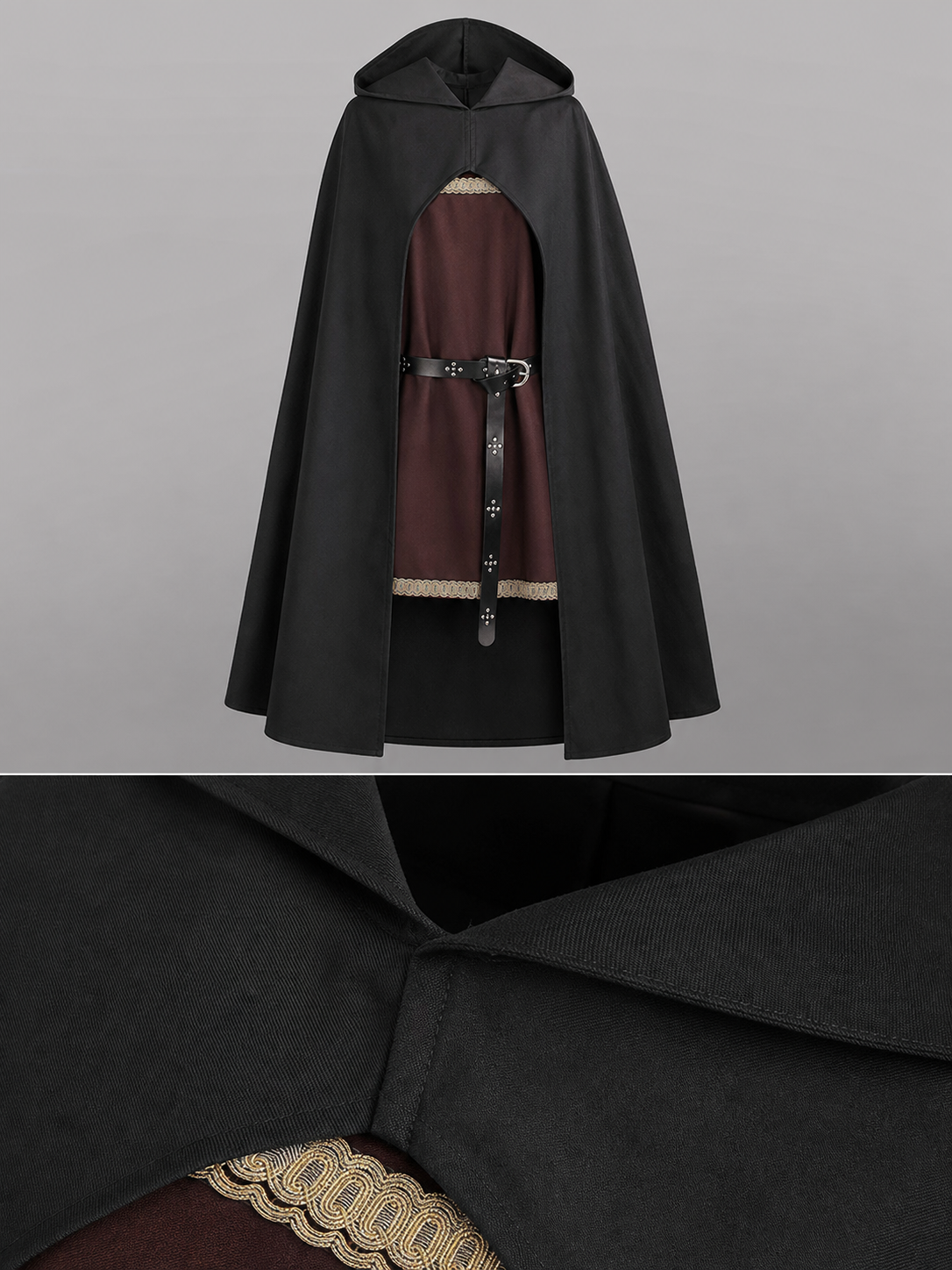 Black hooded cloak shown on a stand with a brown tunic beneath, plus a close-up of the hood seam and gold trim