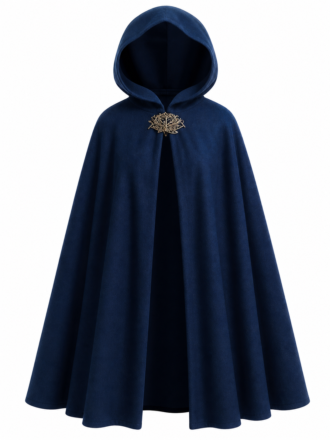 Navy hooded costume cloak displayed front-facing against a white background, with the hood up, flared drape, and ornate metal clasp