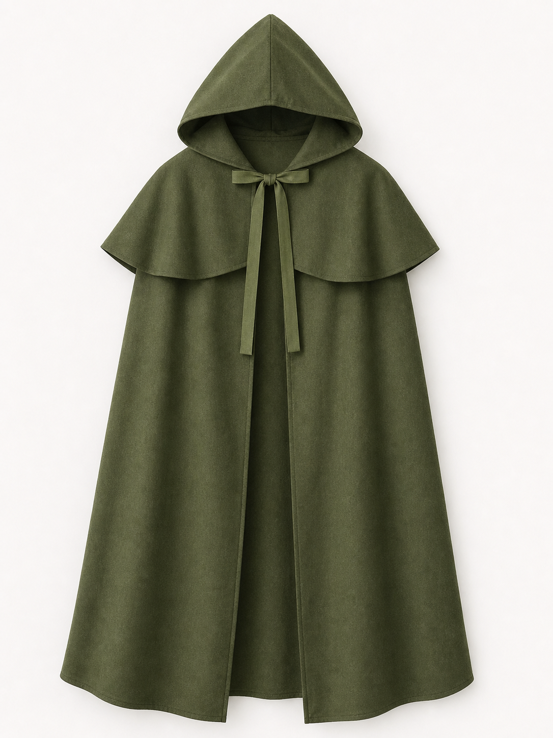 Olive green hooded cloak displayed flat against a white background, showing the raised hood, layered shoulders, and front ties