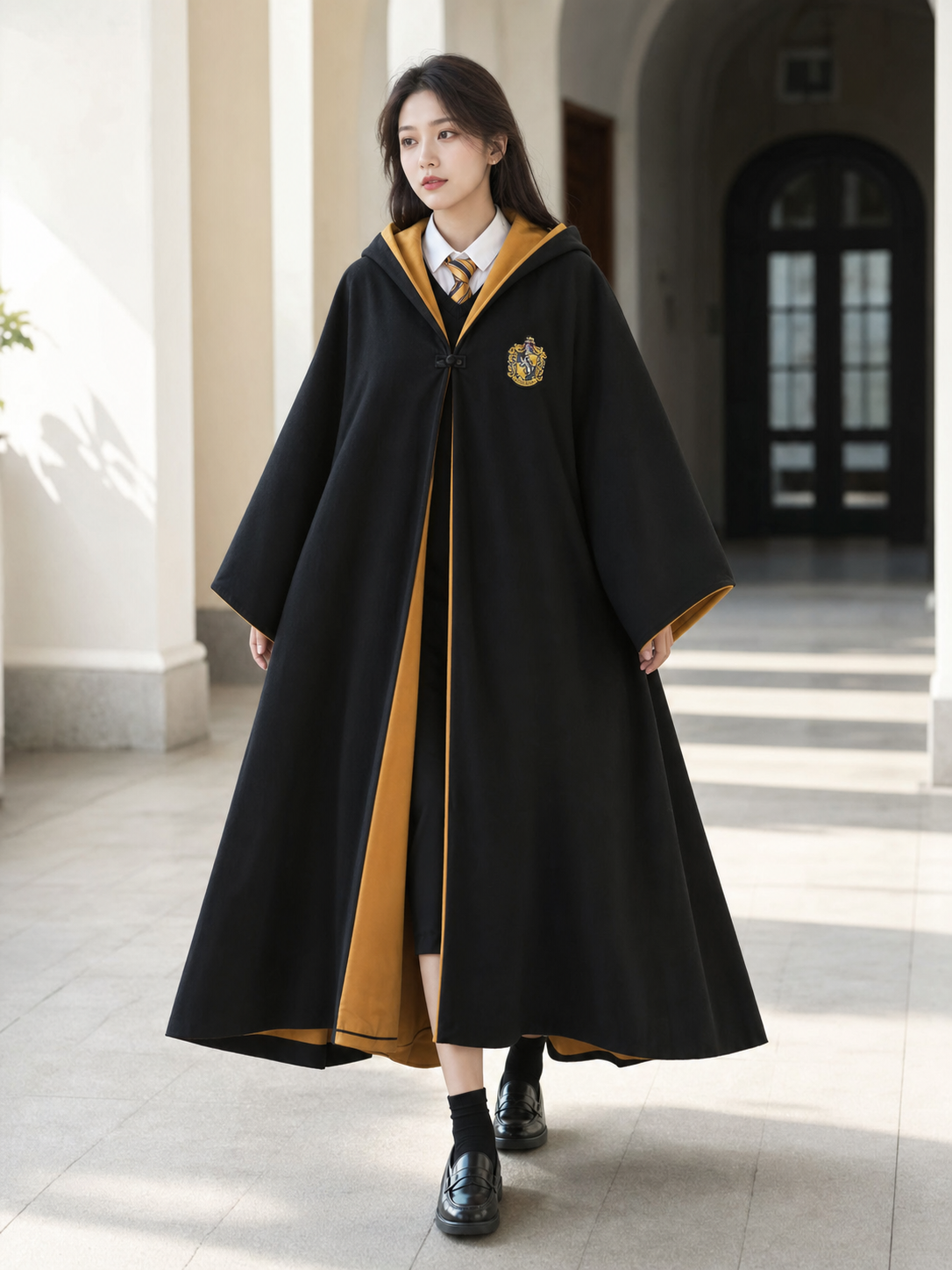 Black-and-yellow costume cape with hood