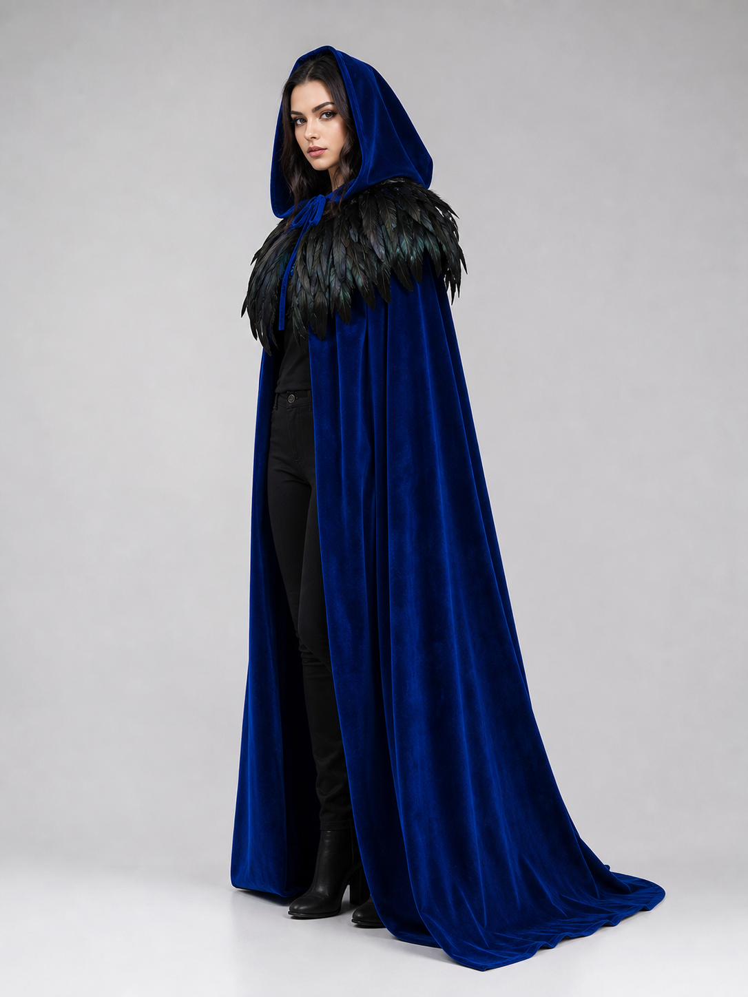 Blue Hooded Feathered Carnival Cape