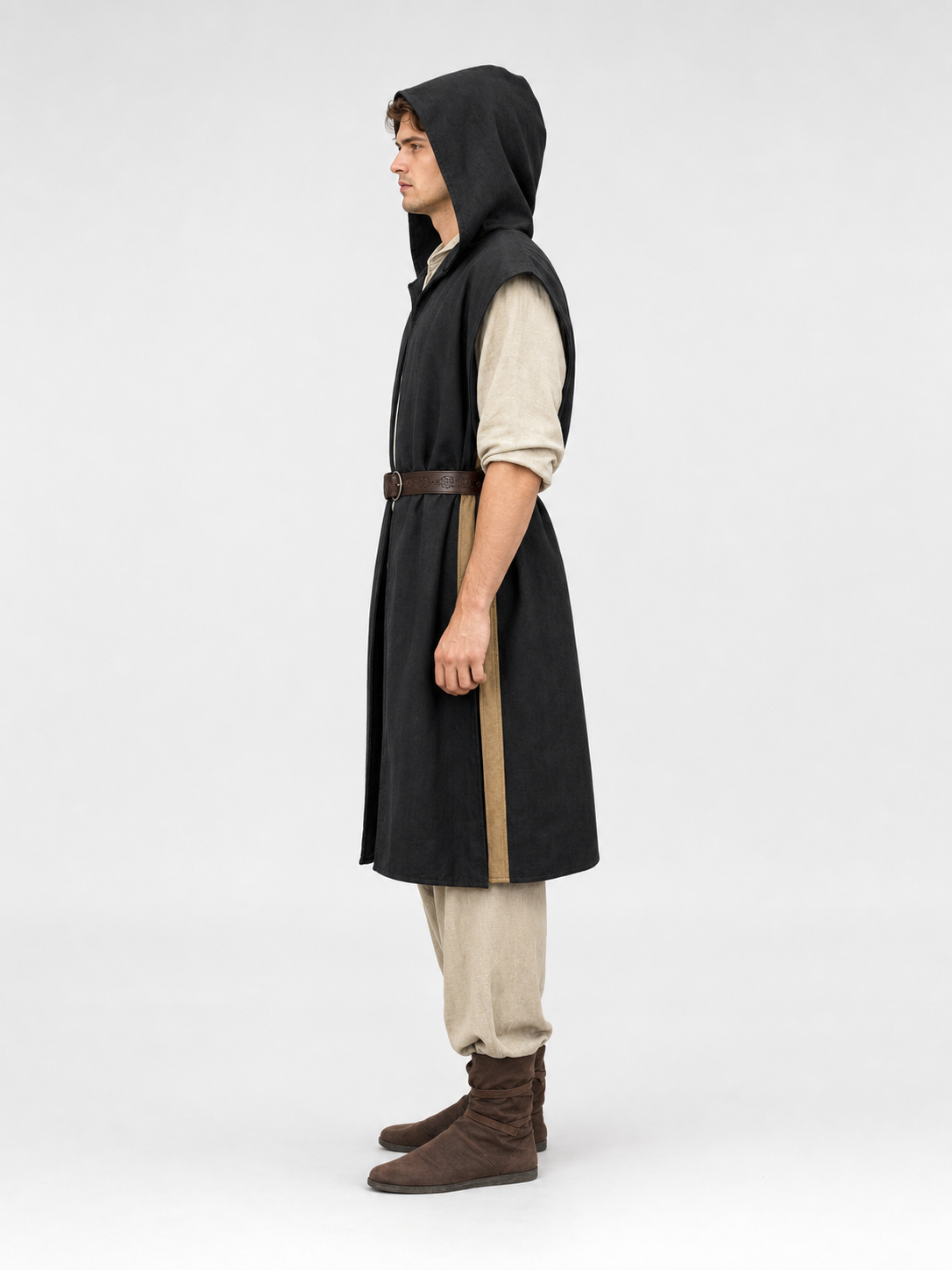 Long Sleeveless Hooded Vest, Black