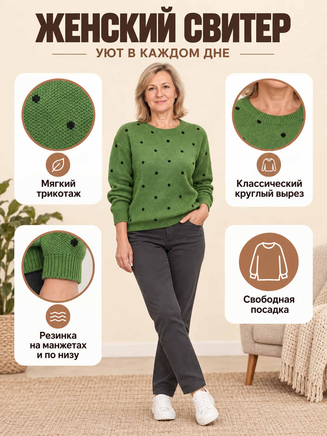 Dark green polka dot sweater, loose fit