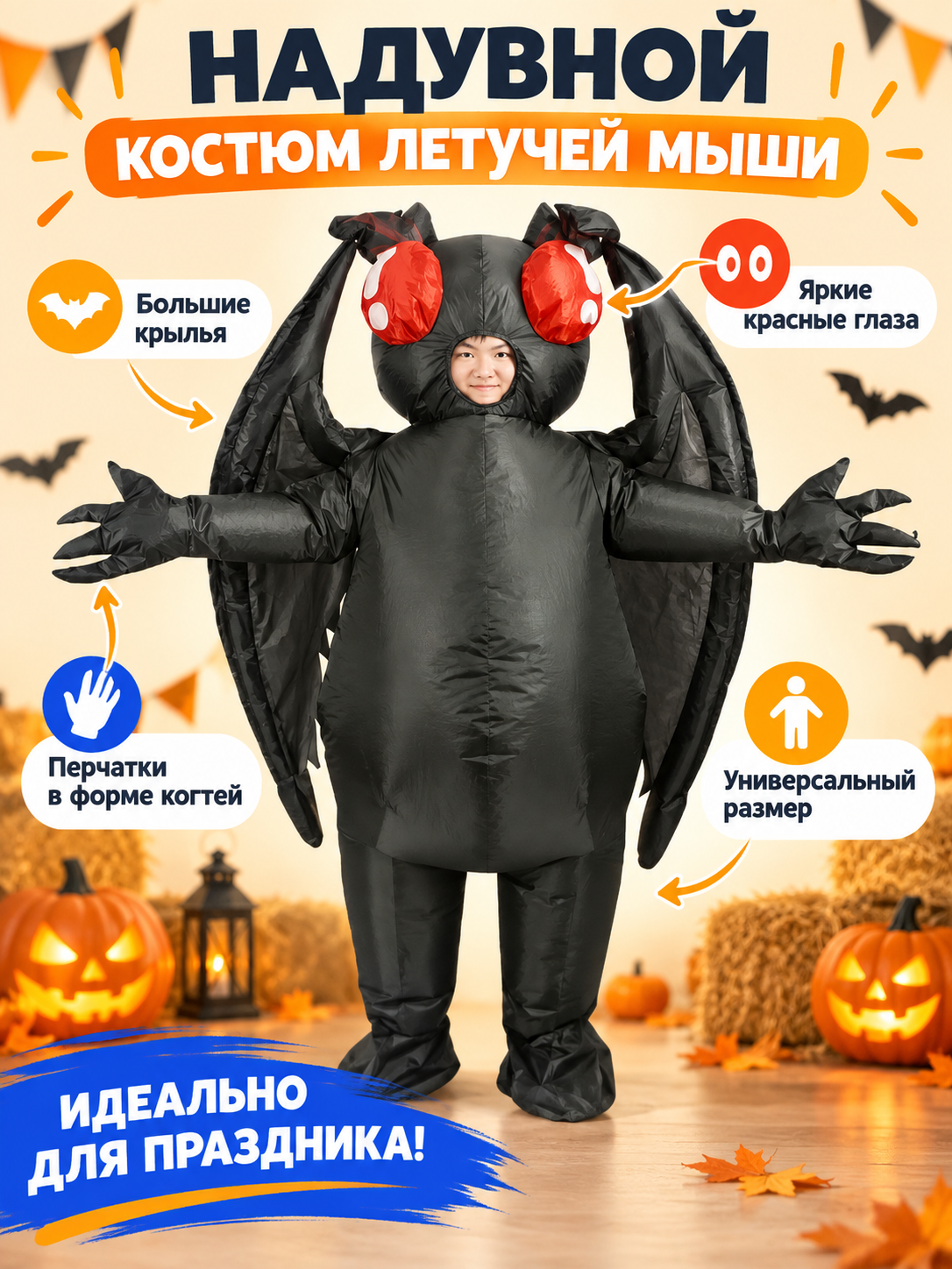 Inflatable Bat Costume with Wings and Red Eyes
