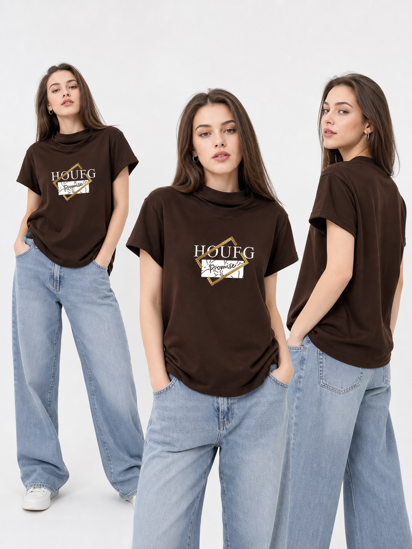 Women's Printed T-Shirt, Short Sleeve, High Neck