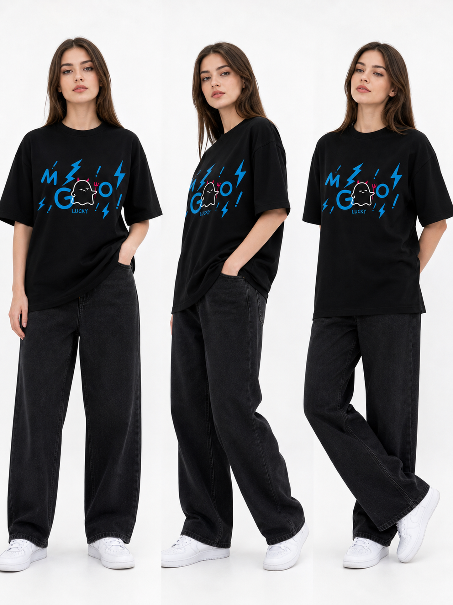 Women’s black printed T-shirt, loose fit, summer