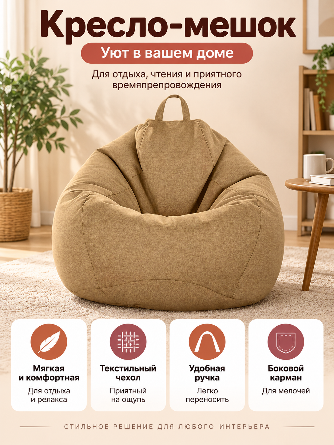Soft light brown bean bag chair with handle and pocket