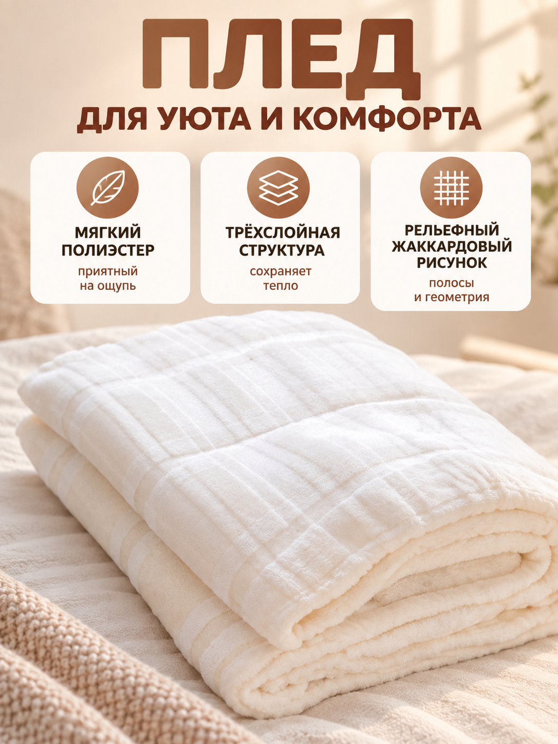 White Fleece Polyester Blanket with Jacquard Pattern