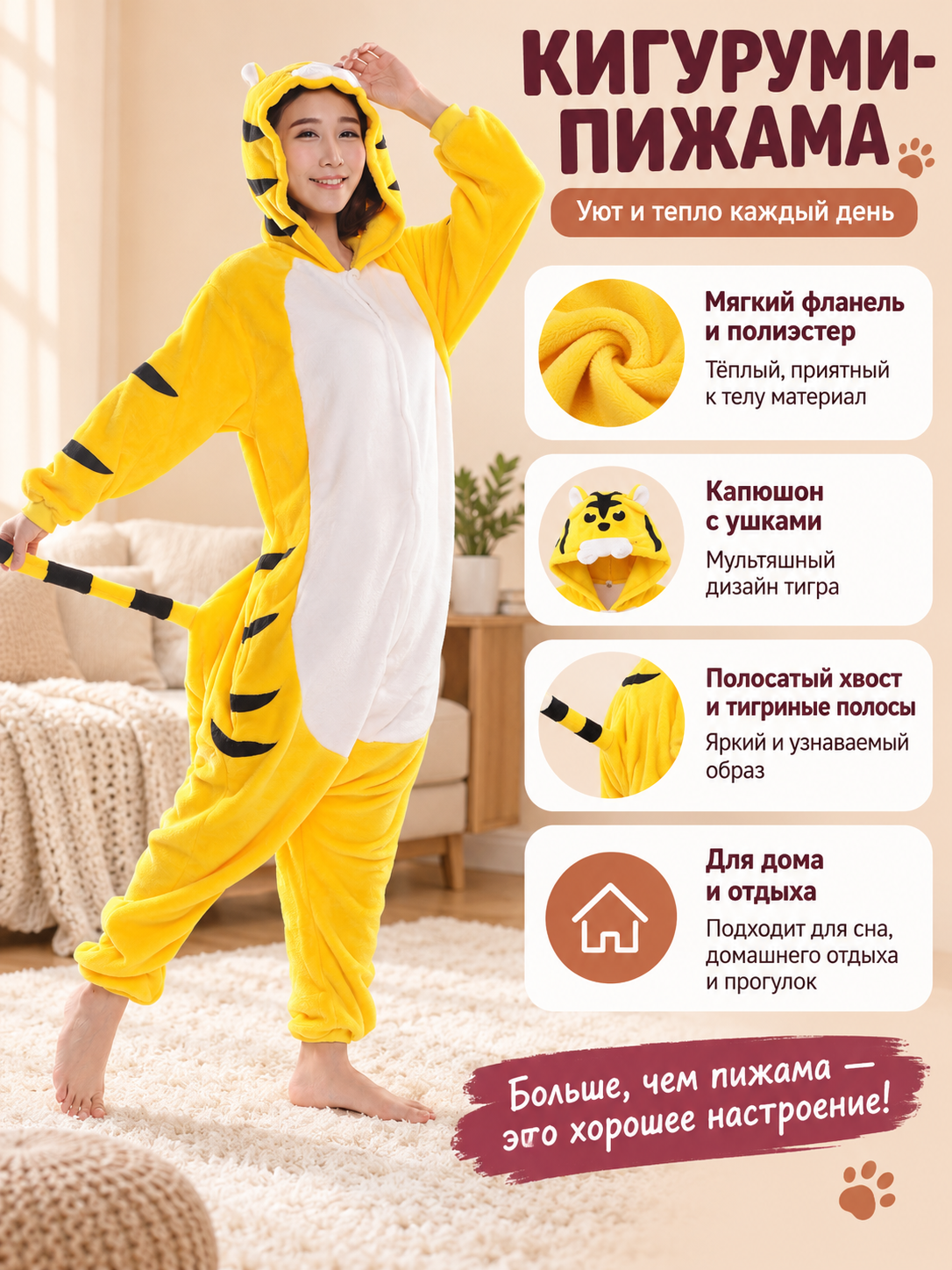 Yellow Kigurumi Pajama with Tiger Stripes and Hood
