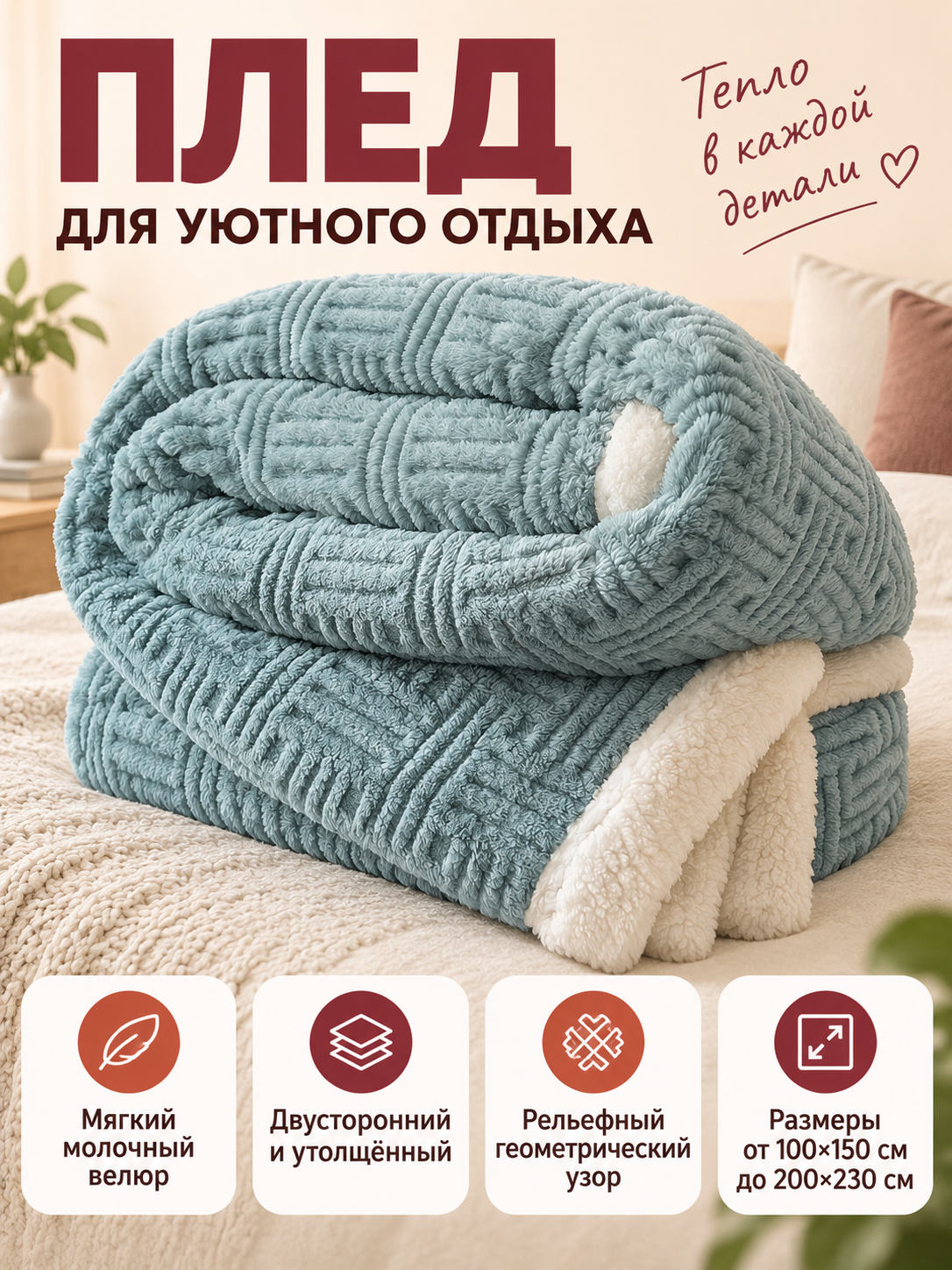 Reversible Thickened Milky Velvet Blanket, Blue