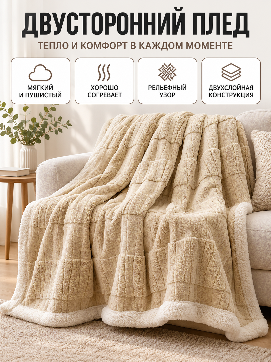 Reversible Beige Milk Velvet Blanket with Pattern