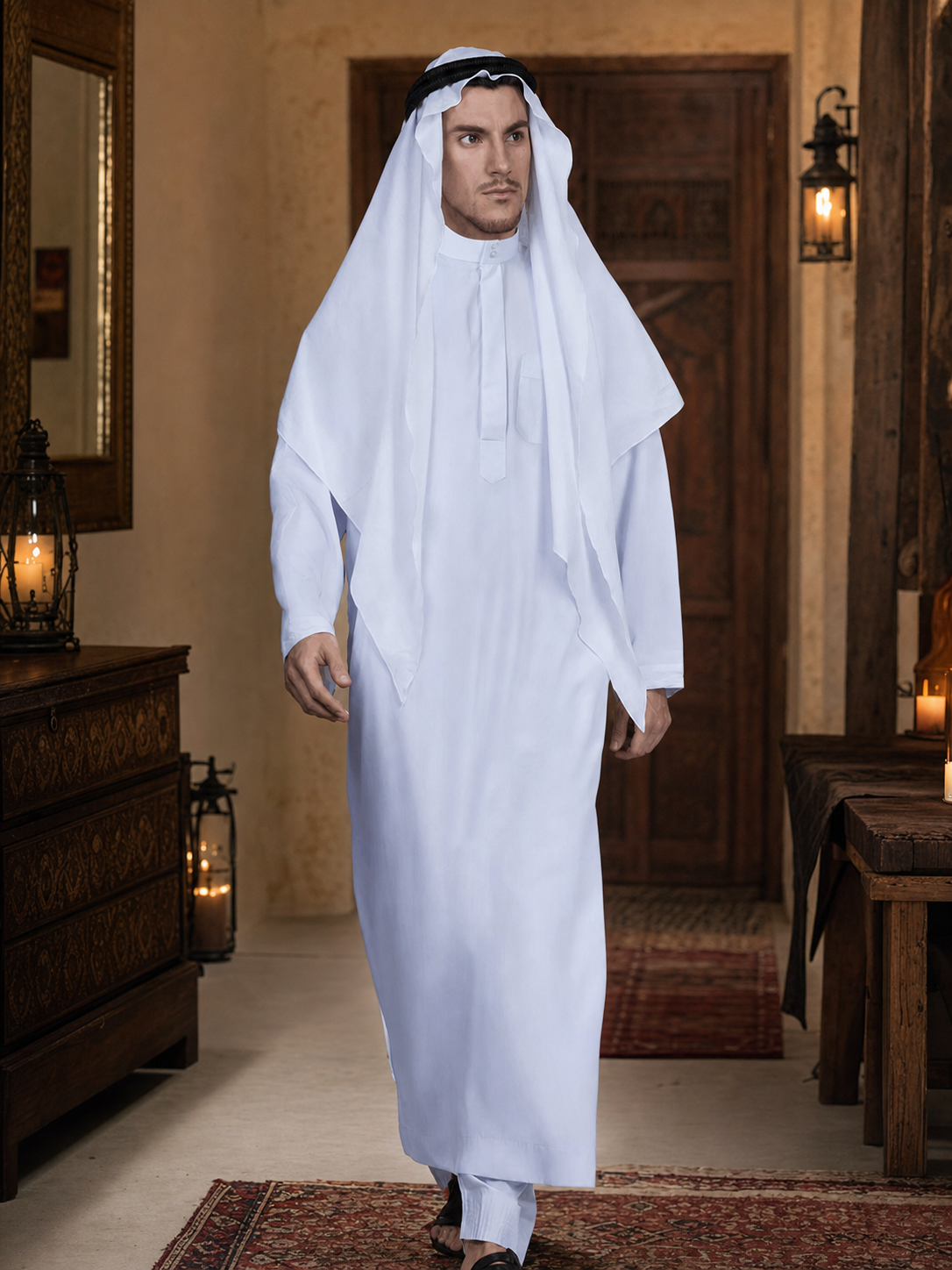 White full-length robe with draped head covering and black headband, shown on a model in a warmly lit room with wooden furnishings and lanterns