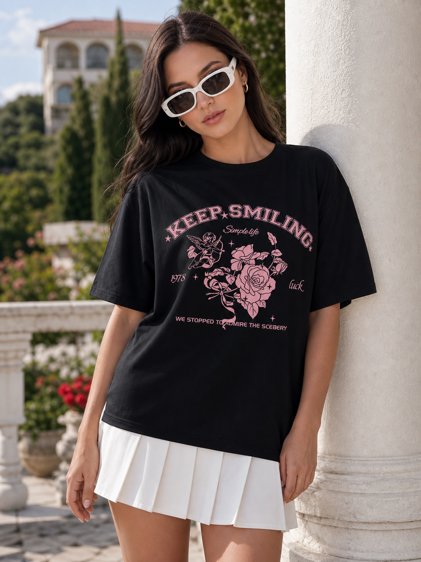 Women's black T-shirt with rose and angel print, loose fit