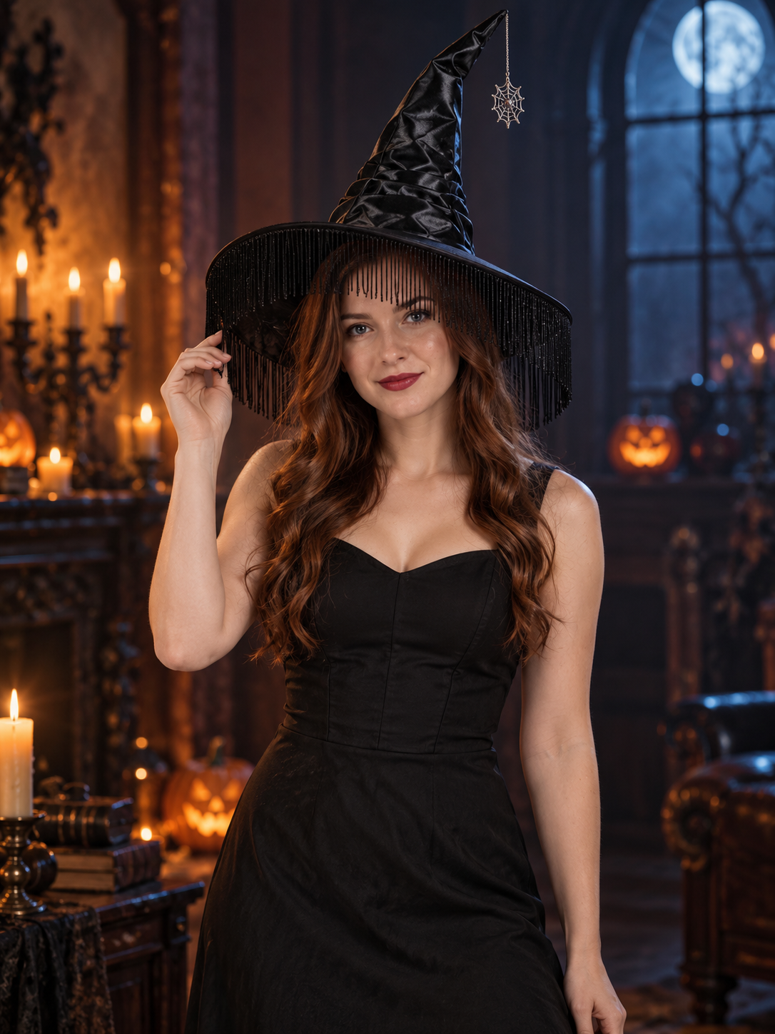 Black Wide-Brim Hat with Fringe and Spiderweb Pendant