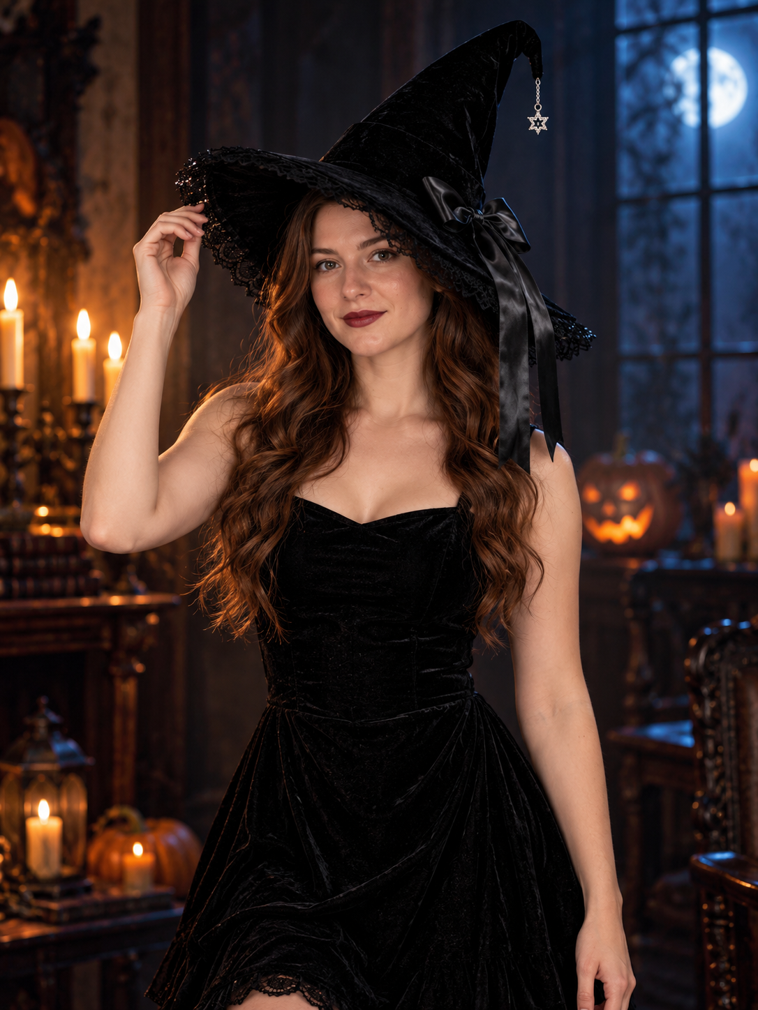 Black Witch Hat with Lace, Bow, and Star
