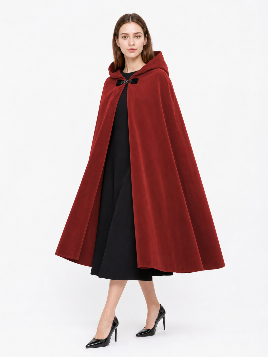 Medieval Hooded Cape with Oversized Hood, Burgundy Velvet-Like Flowing Cloak for Cosplay, Halloween, Themed Parties and Stage Performances
