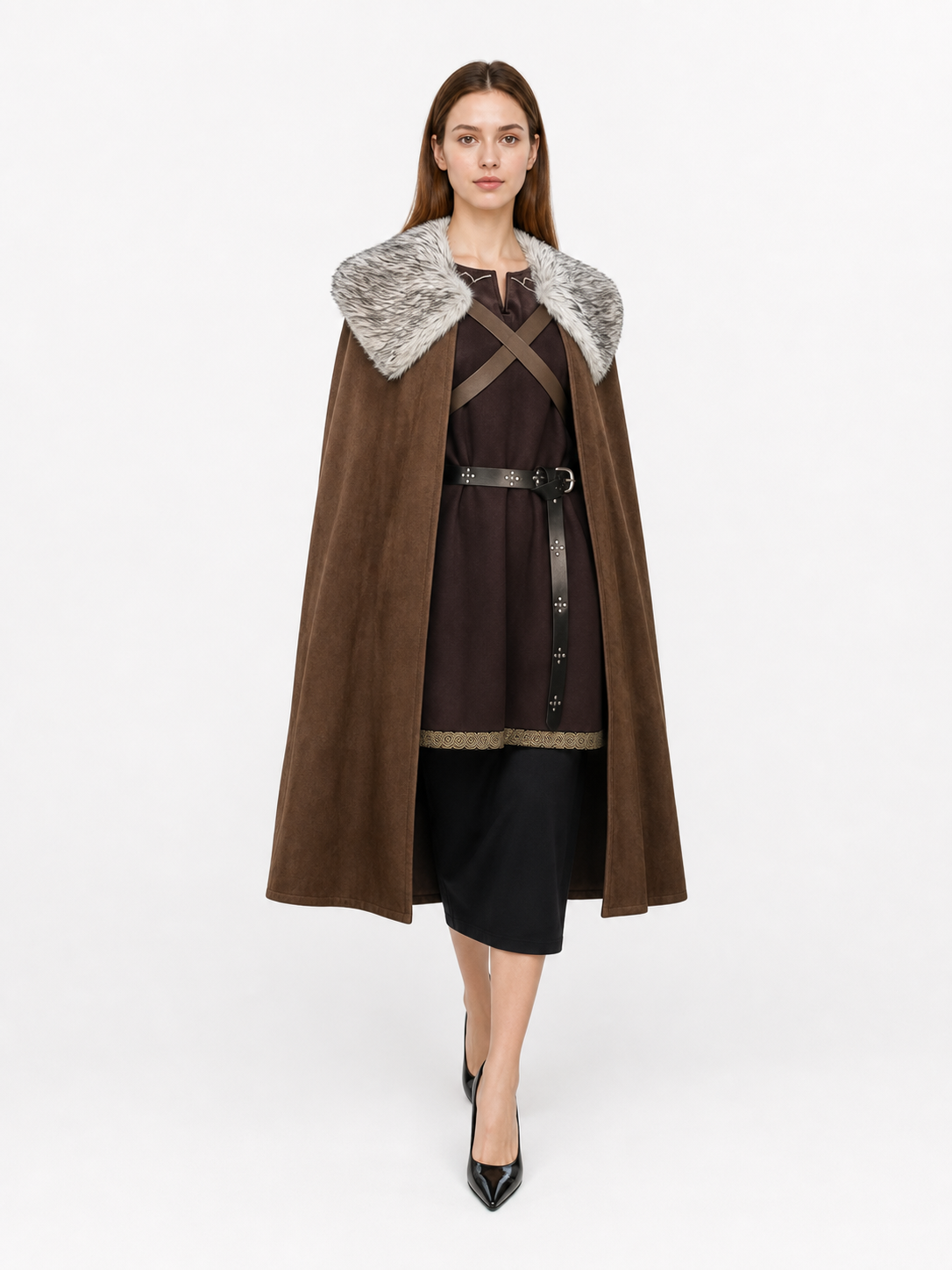 Brown Costume Cloak with Fur Collar