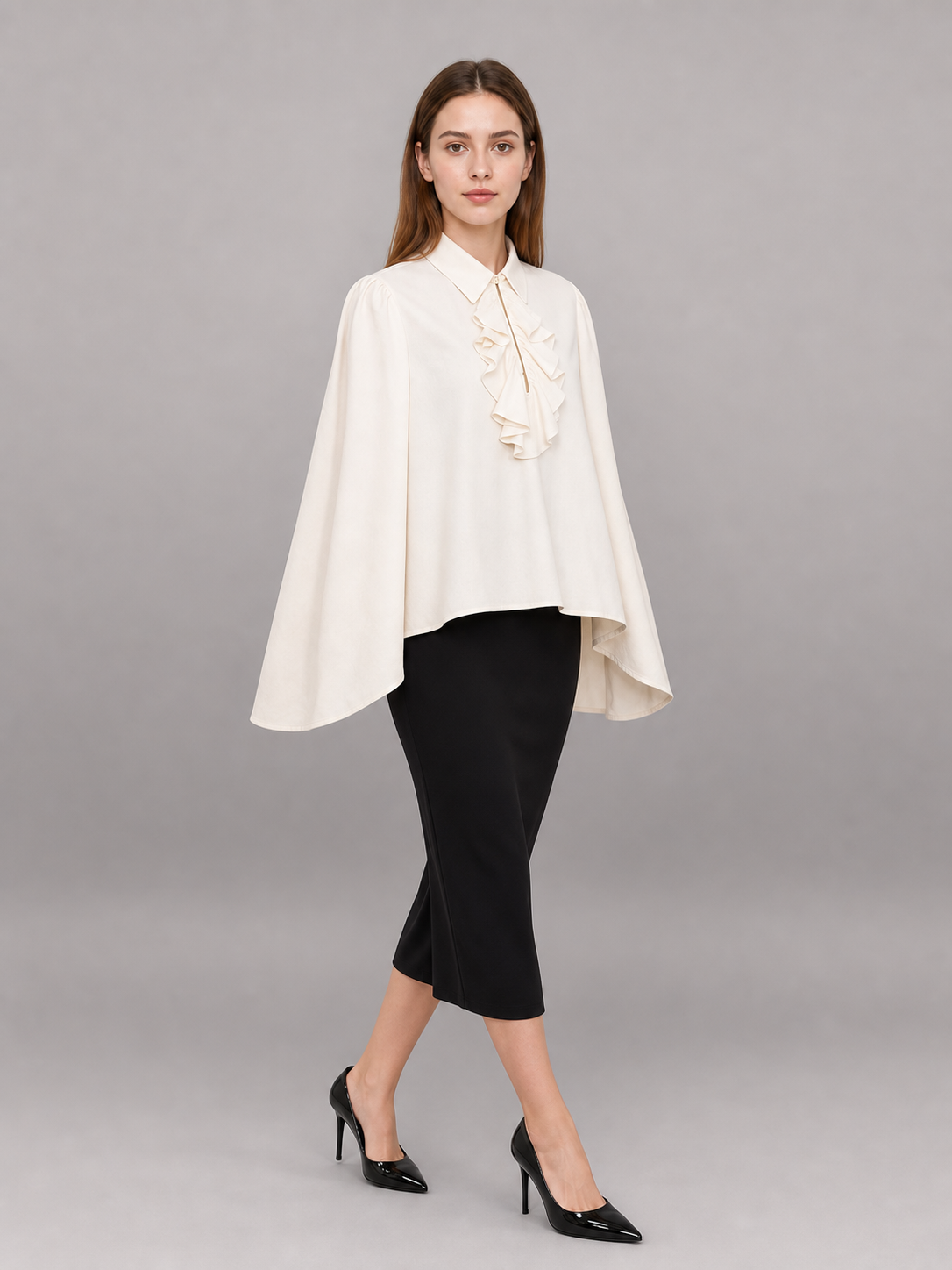White blouse with a high collar and ruffles