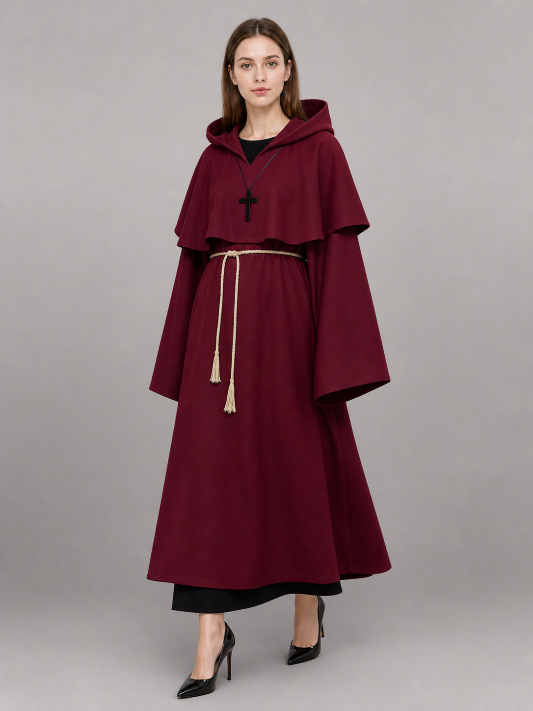 Burgundy Hooded Carnival Cloak for Cosplay