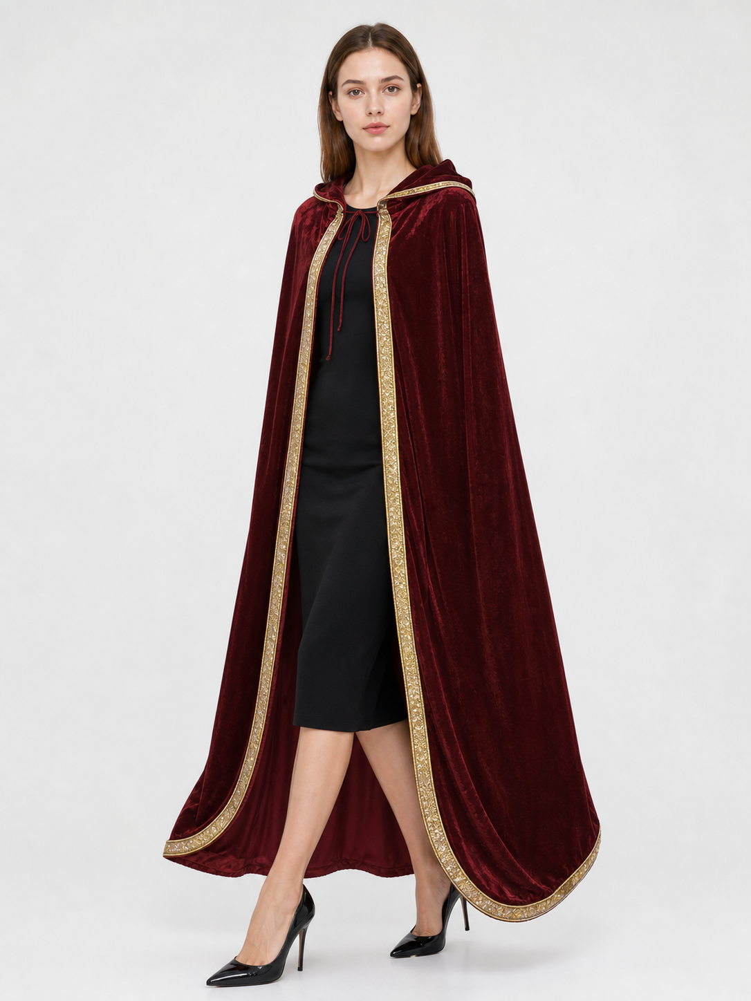 Burgundy Hooded Costume Cloak, Velvety Texture