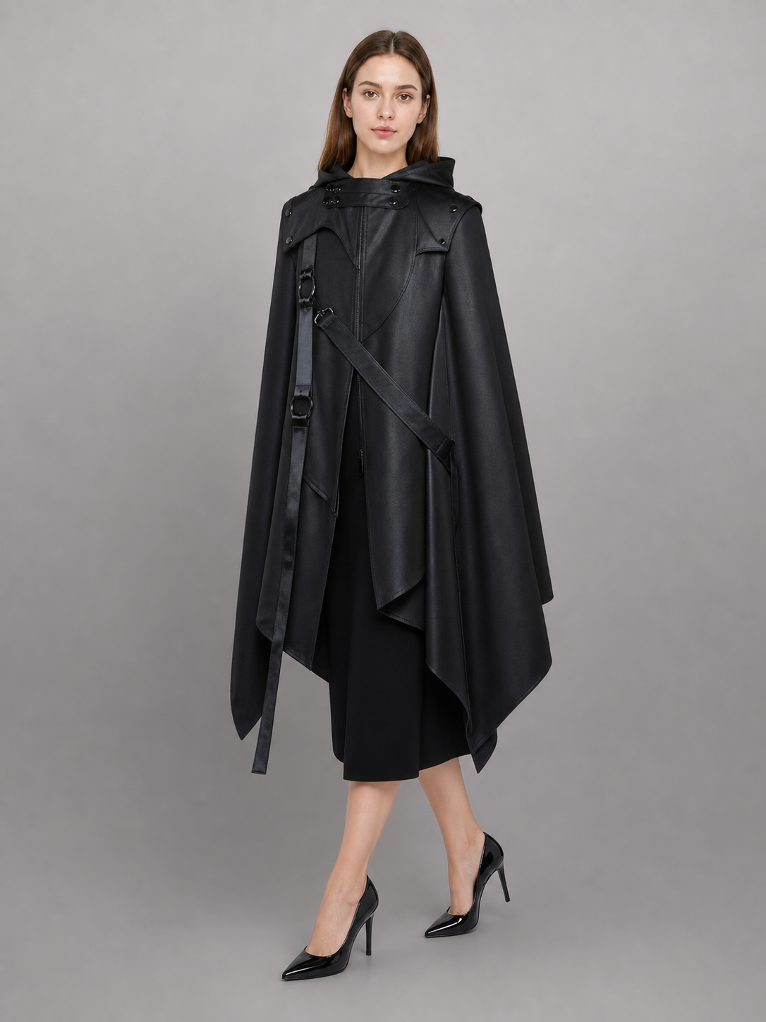 Black asymmetrical carnival cloak with hood