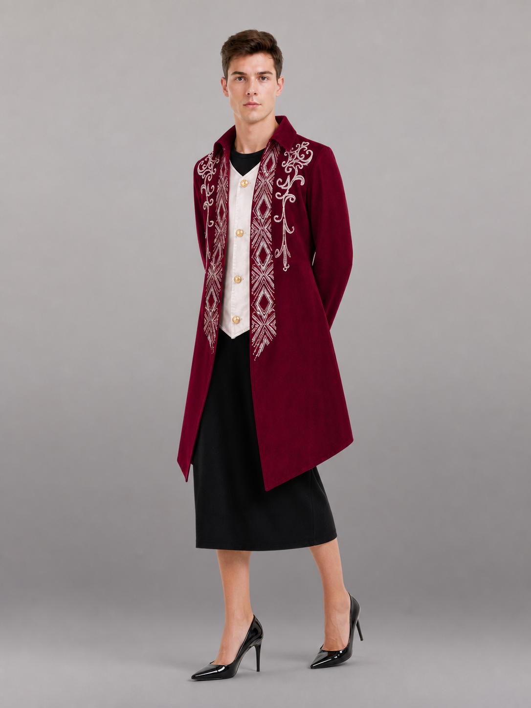 Burgundy Tailcoat Jacket with White Trim