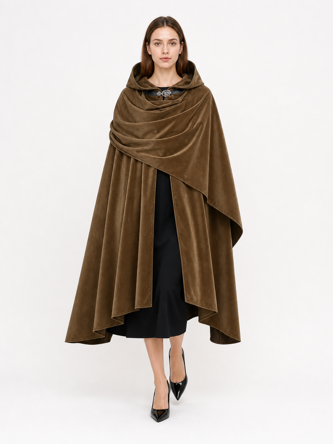 Brown hooded medieval costume cloak