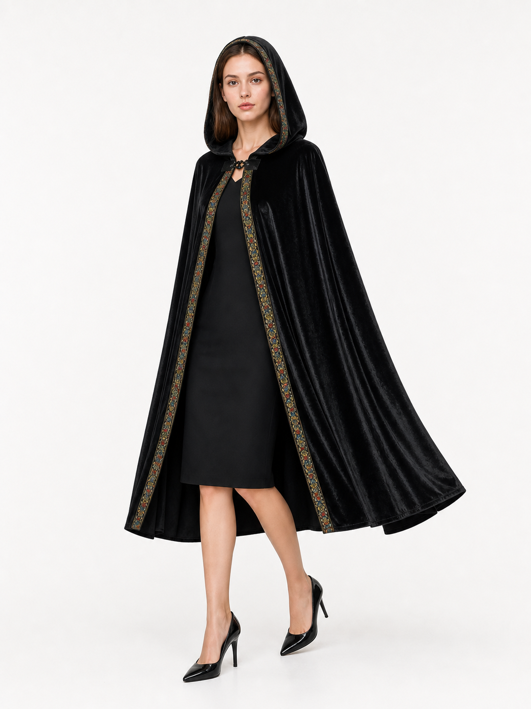 Black Costume Cloak with Hood and Trim