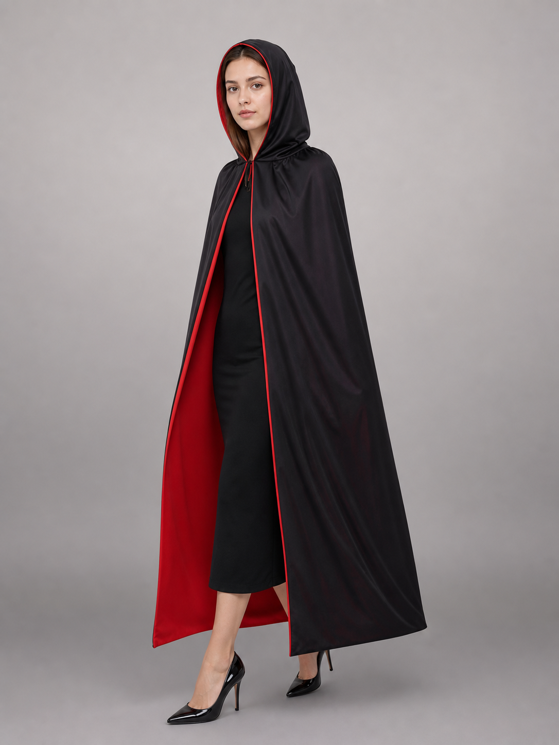 Black-and-Red Hooded Costume Cloak