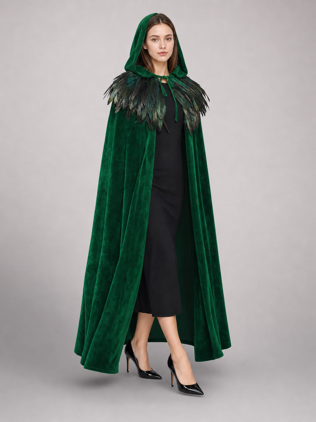 Green Hooded Velvet Feather Cape