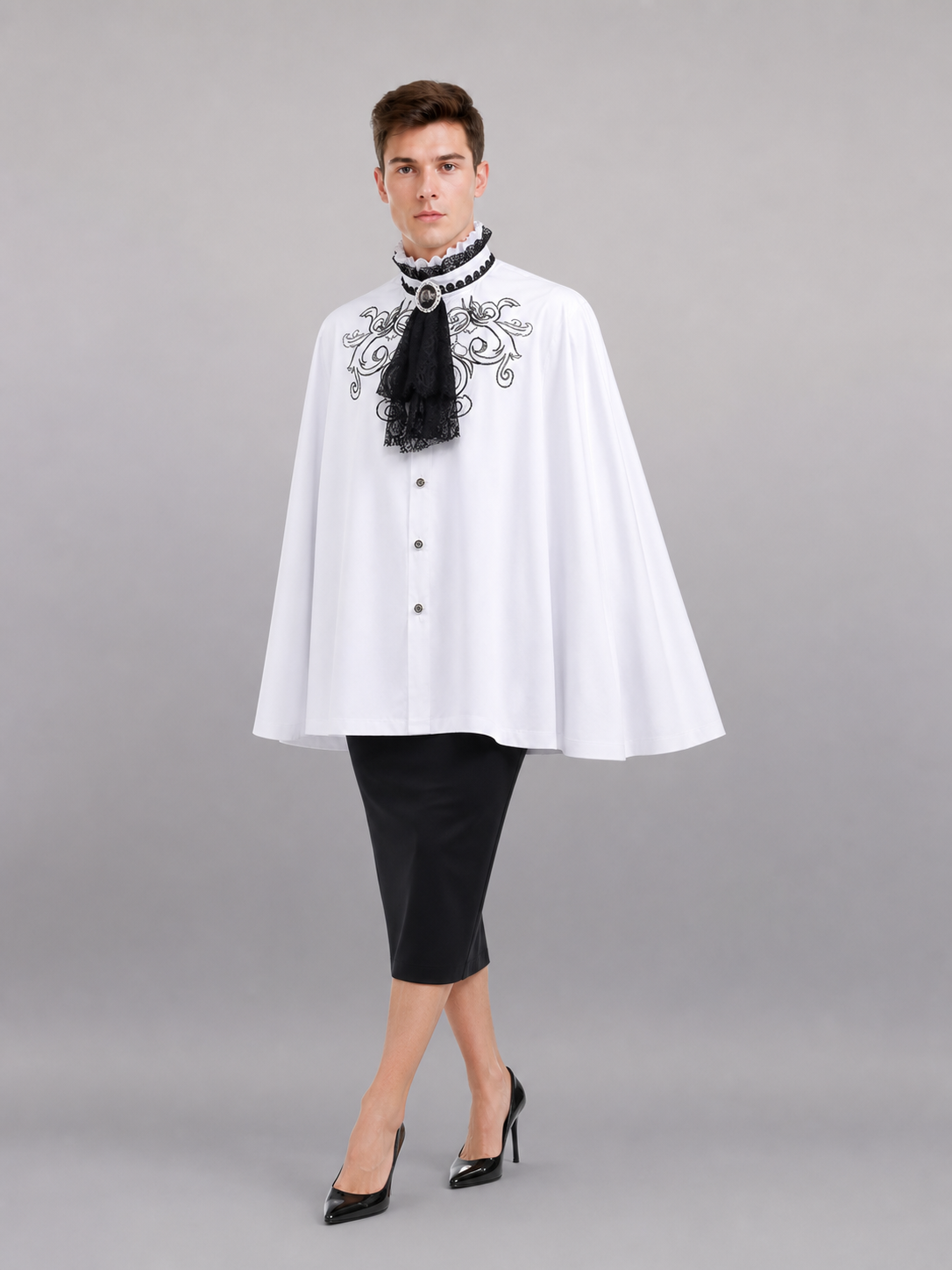 White Costume Shirt with Jabot and Embroidery