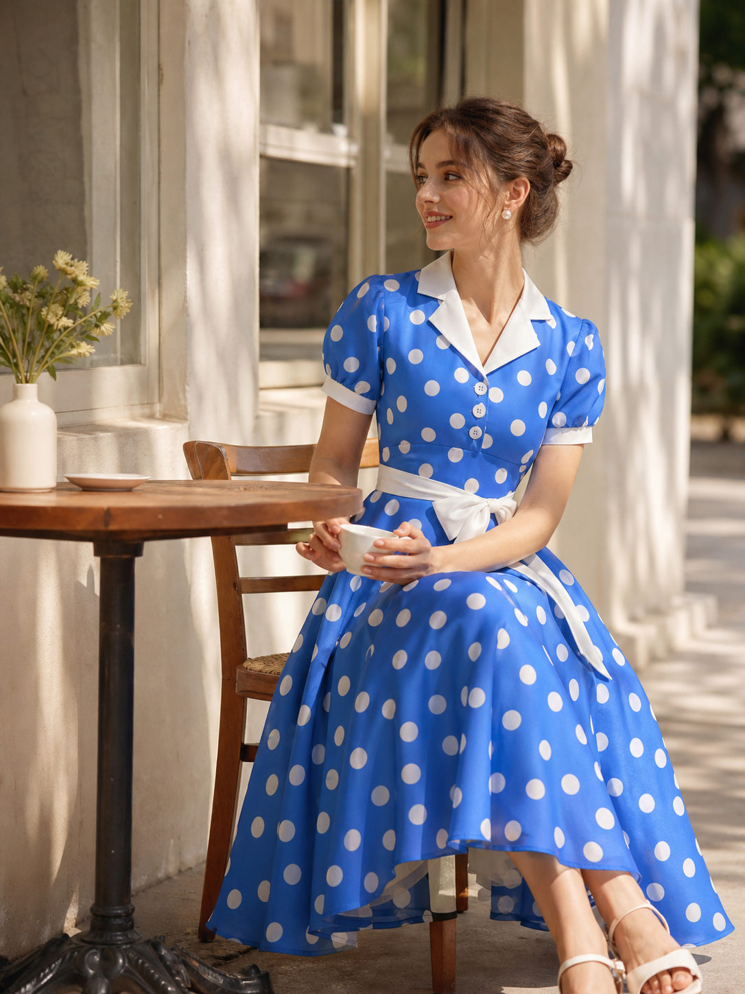 Polka-Dot Dress with a Turn-Down Collar and Bow