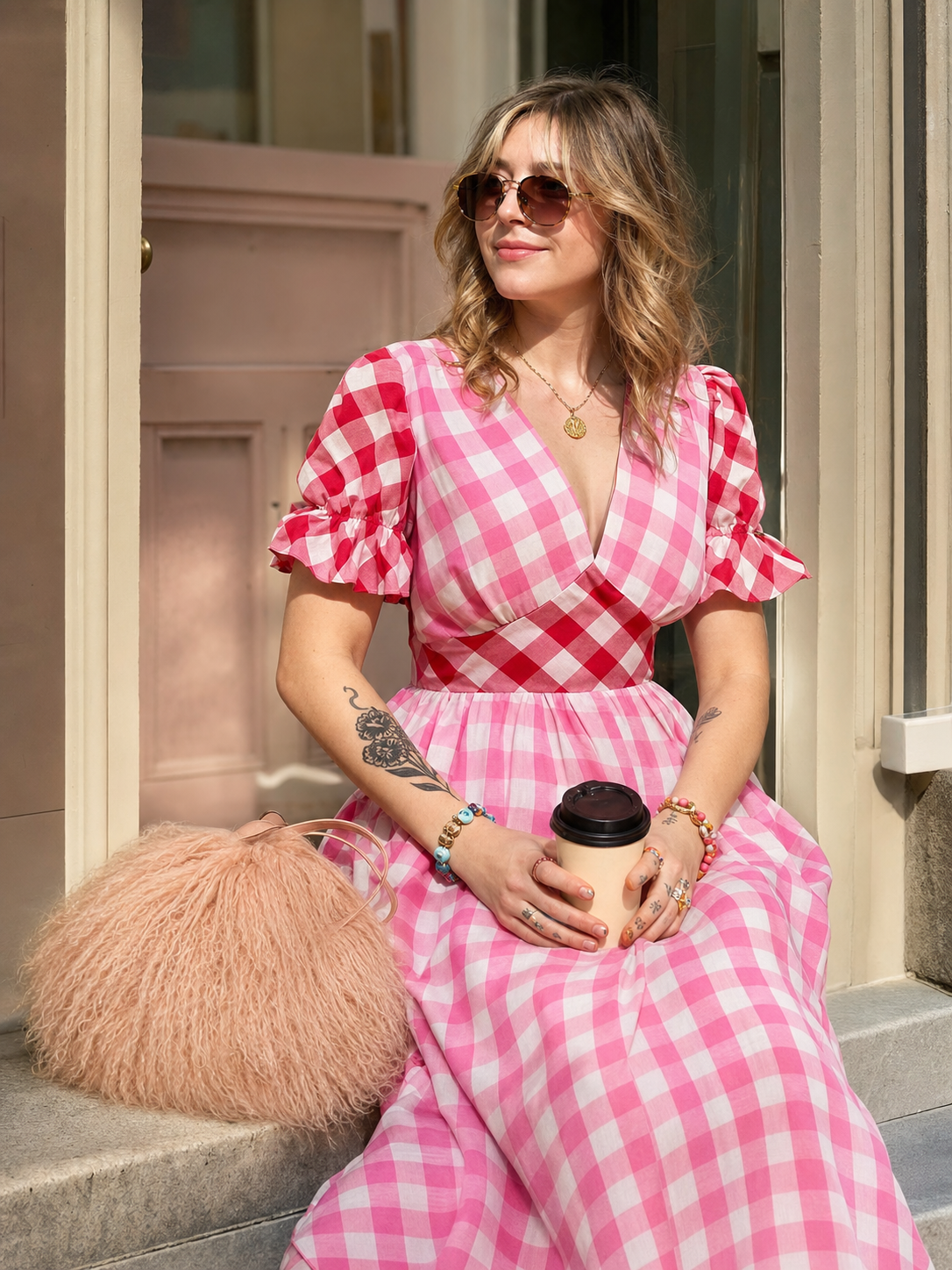 Pink-and-White Plaid Dress with a V-Neck