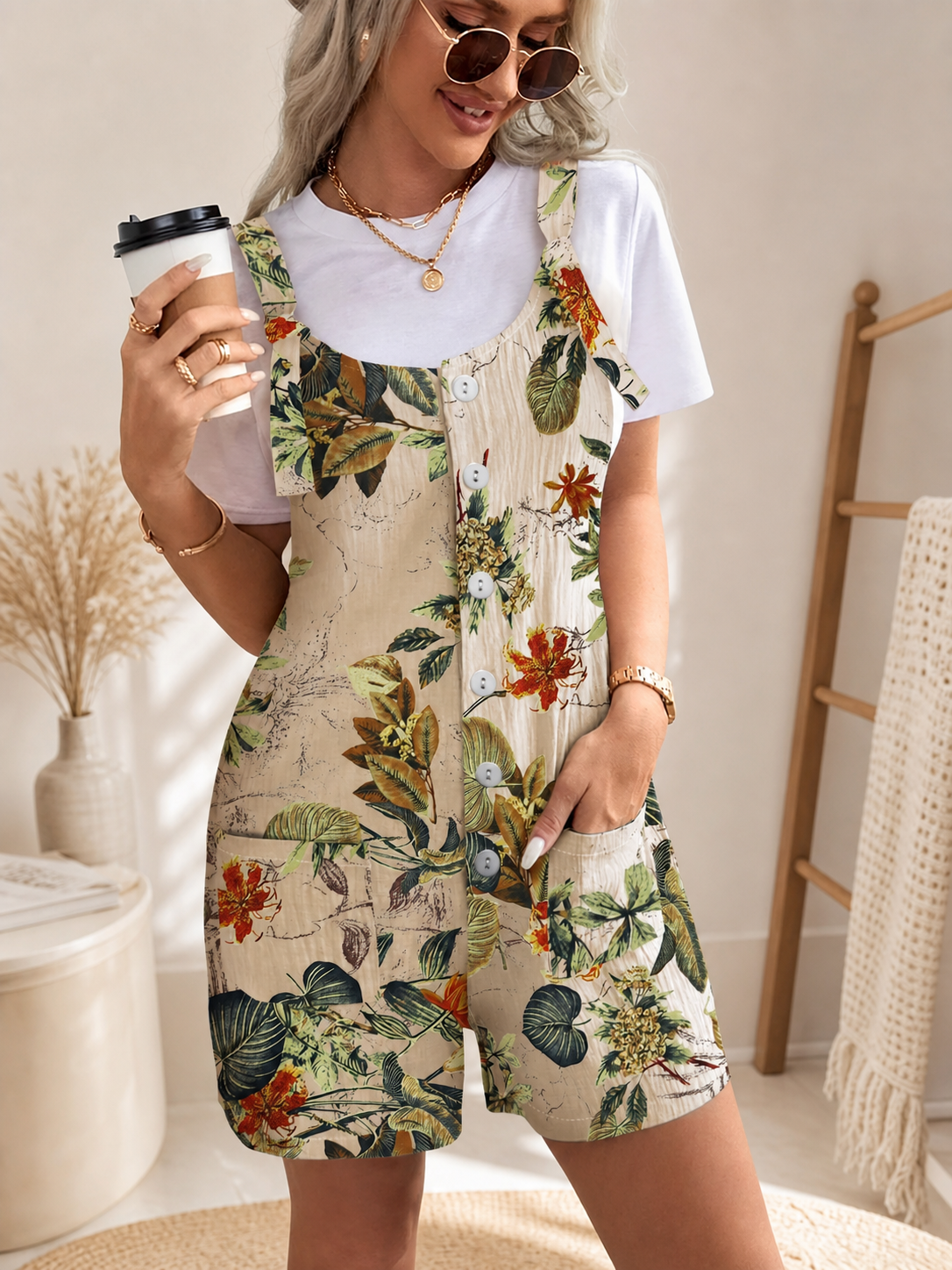 Tropical Floral Print Romper Shorts