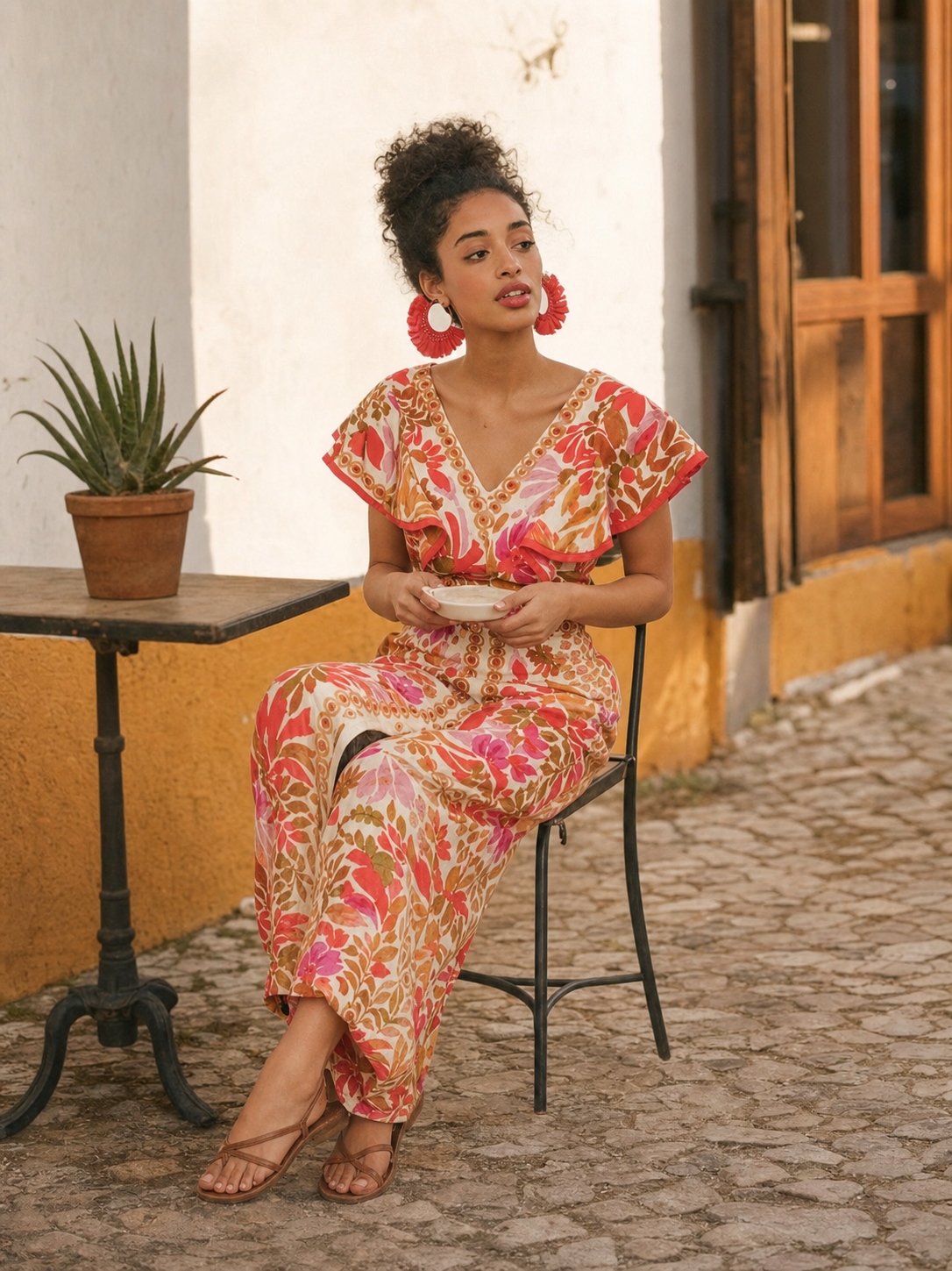One-piece jumpsuit with a V-neckline, short sleeves, and wide-leg pants. The design is made as a single construction with a connection at the waistline. The upper part features a V-neckline and short sleeves, while decorative patterned elem