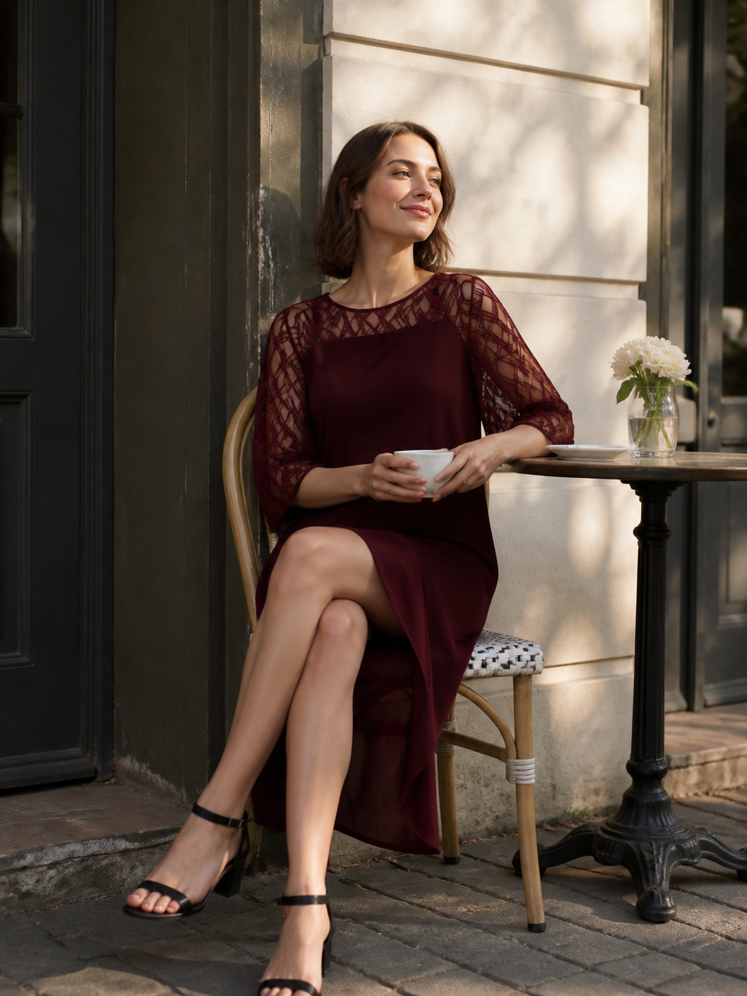 Burgundy Dress with Lace Inset and Asymmetrical Hem