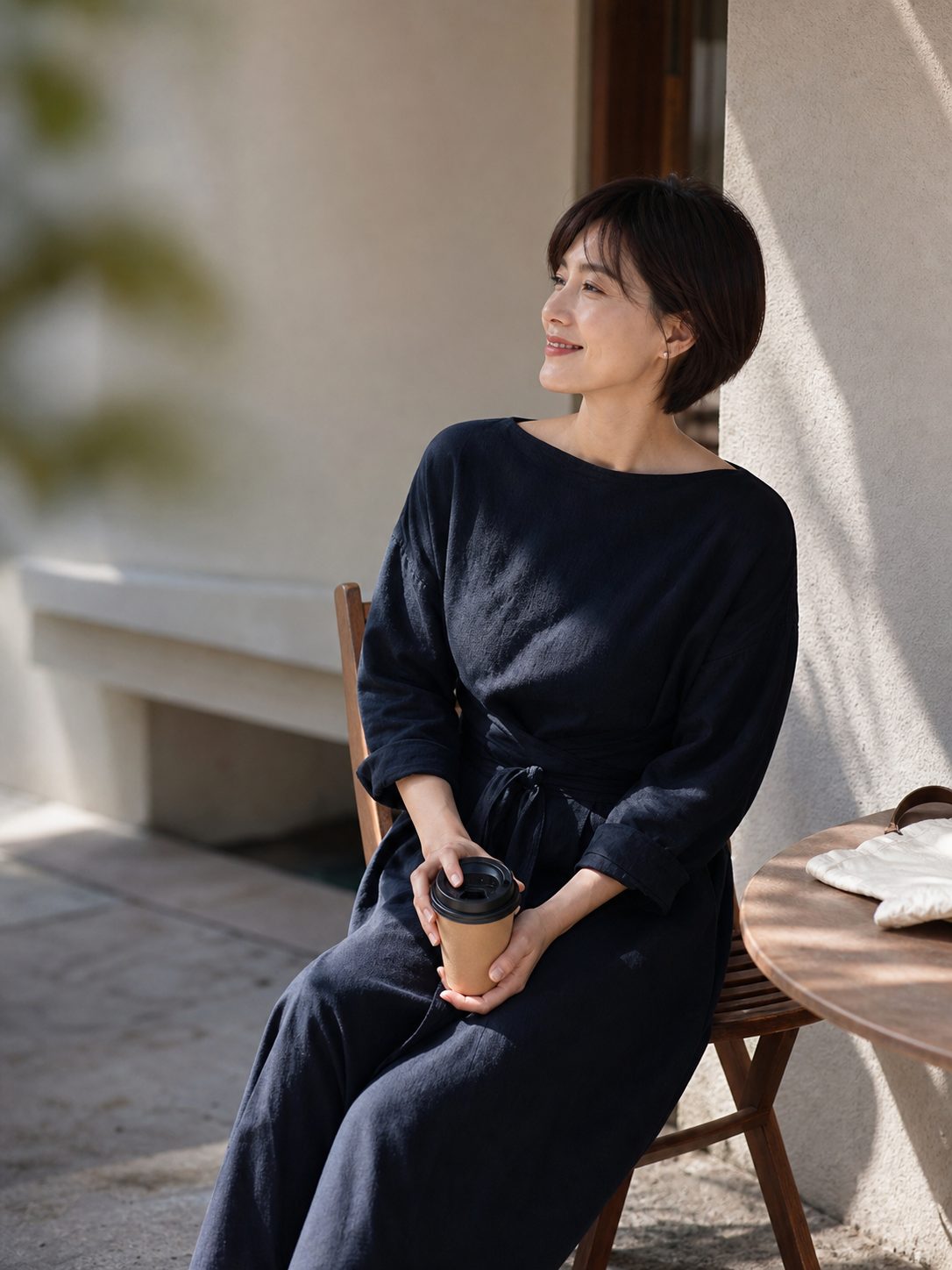 Long Dress with 3/4 Sleeves, Waist Ties, and Gathered Detail