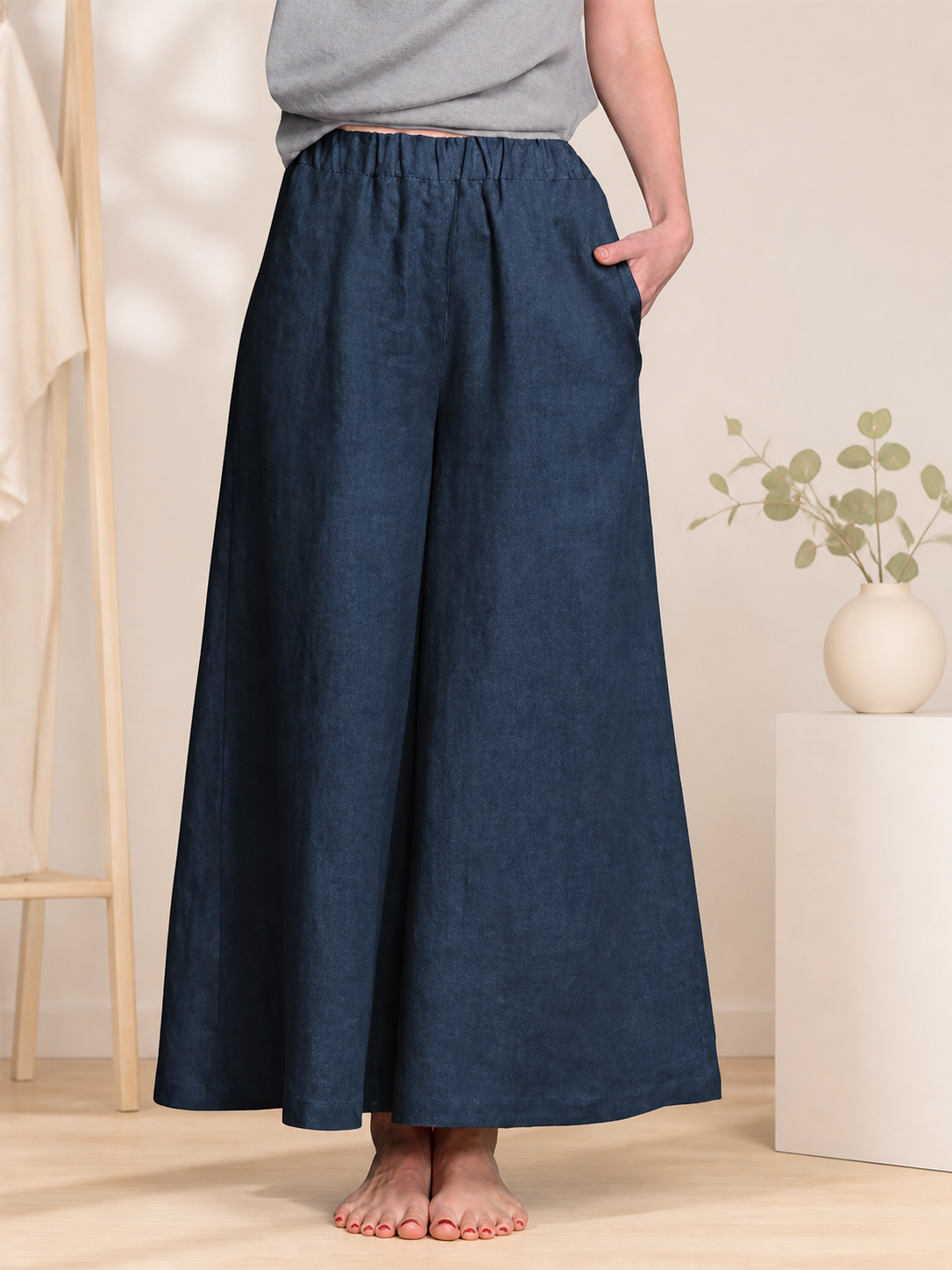 Women's High-Waisted Wide-Leg Pants, Dark Navy