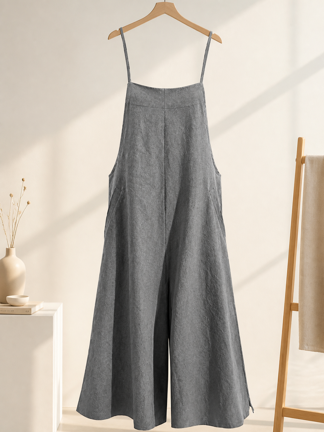 Gray Wide-Leg Overalls with Straps