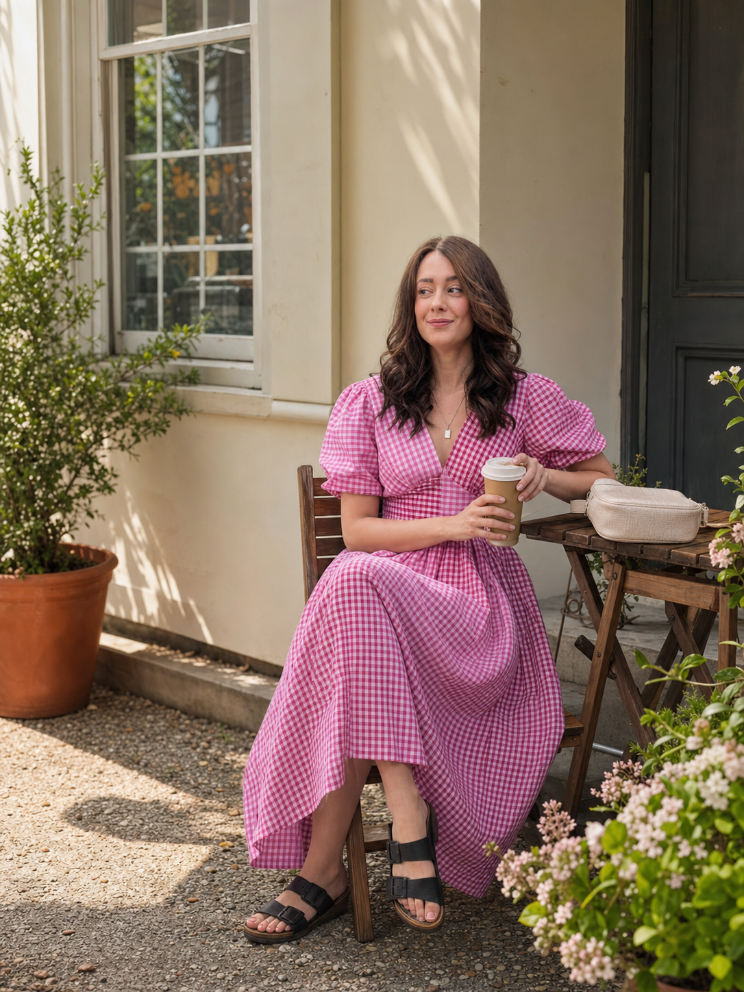 Pink and White Checkered Midi Dress with V-Neck