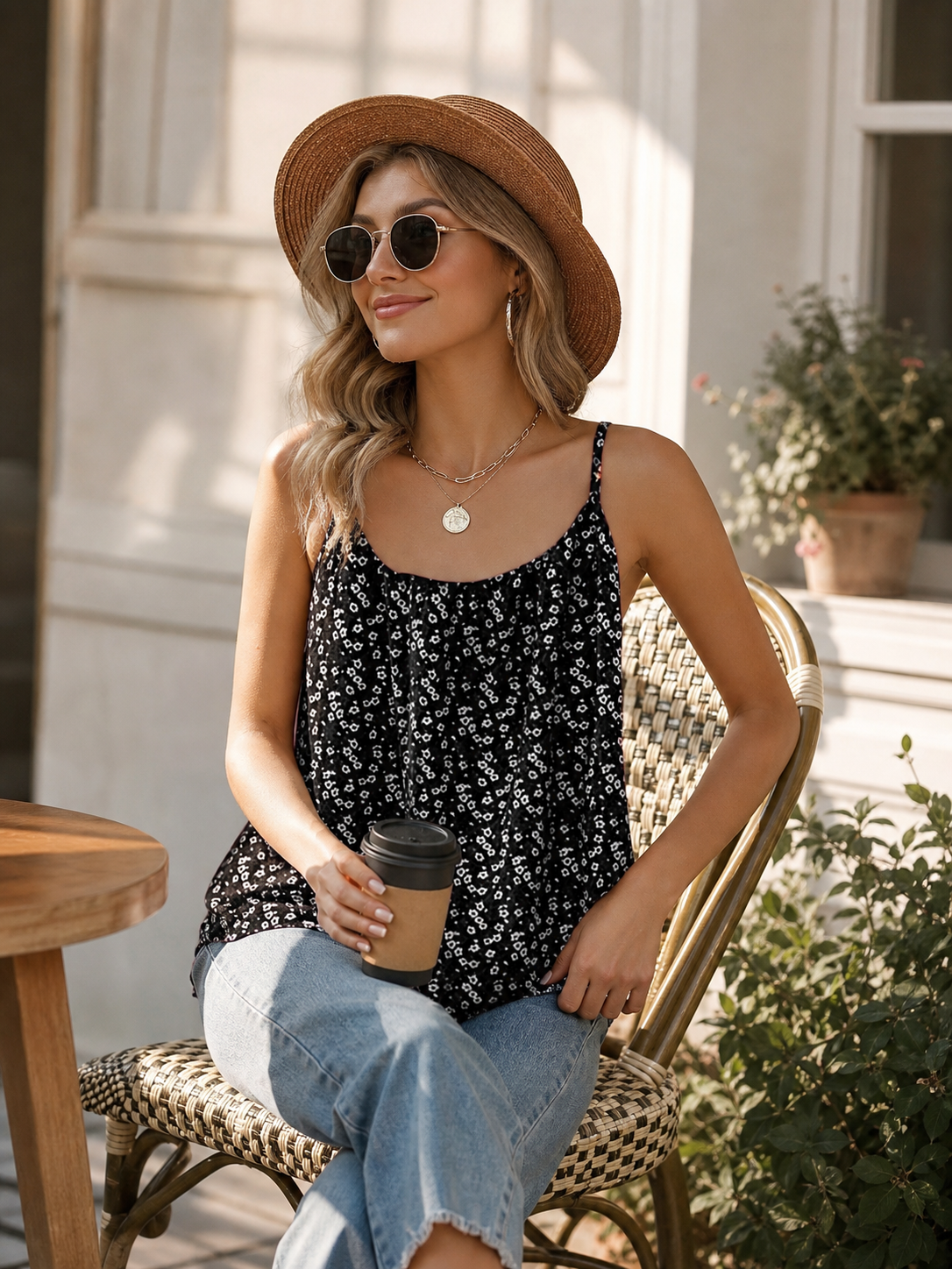 Women's Spaghetti-Strap Top with White Floral Print