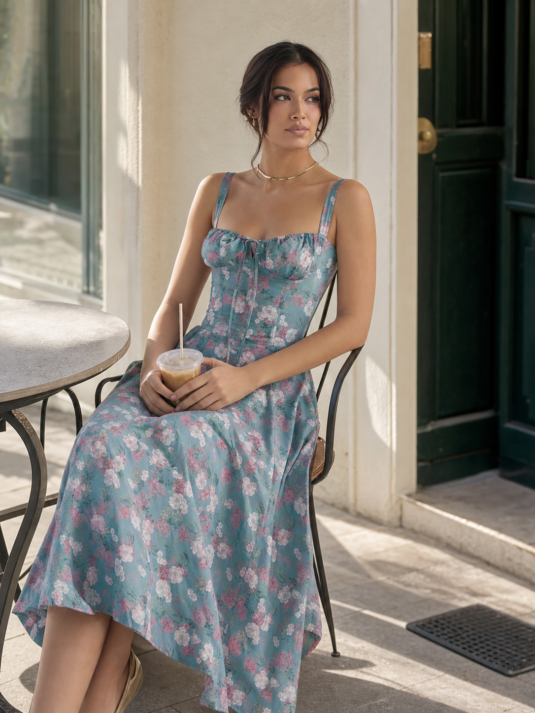 Women's midi dress with a square neckline and print