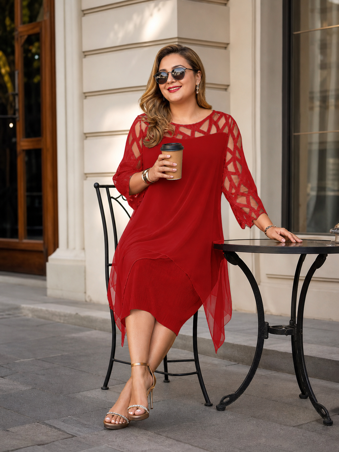 Red Loose-Fit Dress with Geometric Cutouts