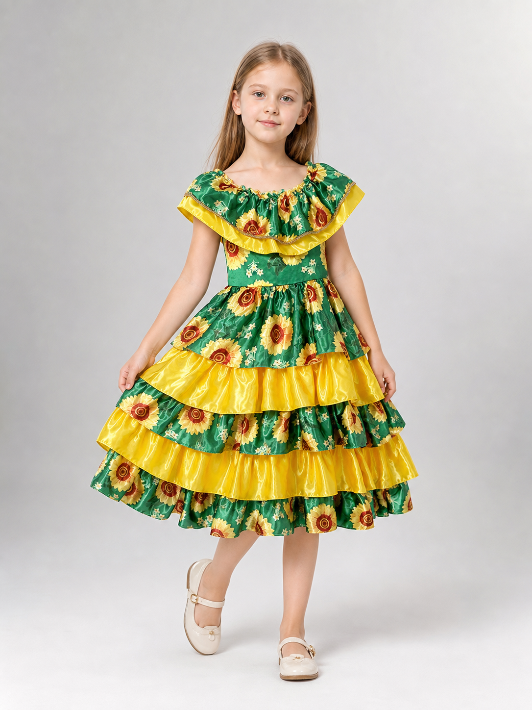 Girl's tiered dress with ruffles and flowers
