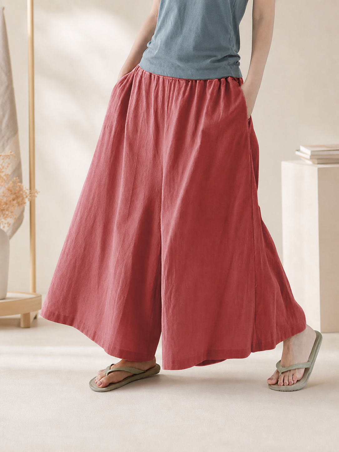 Wide-Leg Pants with Elastic Waistband and Side Pockets